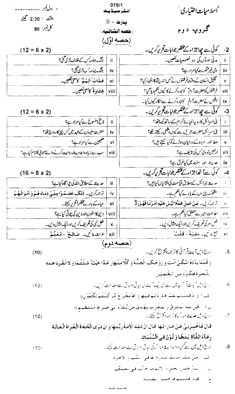 12th Class Islamiat E Past Paper 2019 Subjective Group 2 AJK Mirpur Board